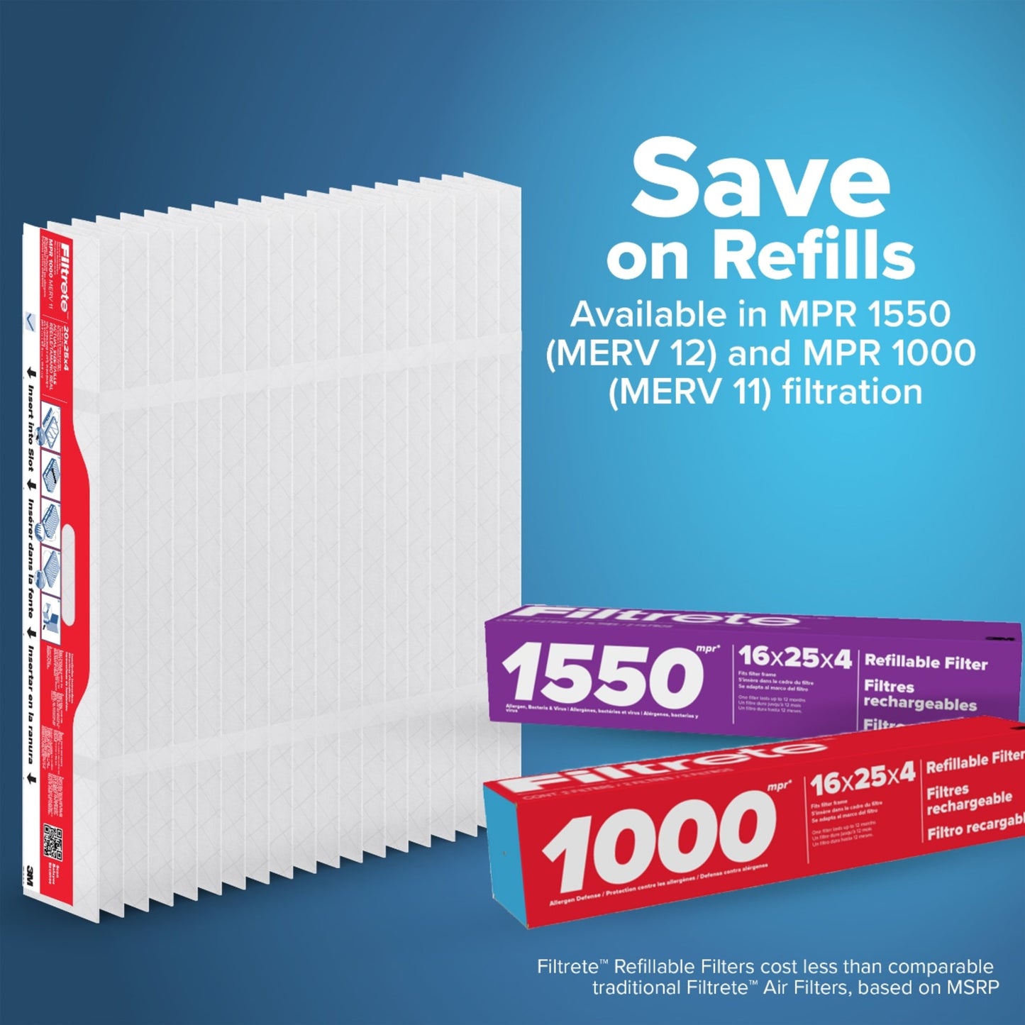 Filtrete™ Refillable Filter Refills 1000 MPR RFA01-4-2P-EC, 16 in x 25 in x 4 in (40.6 cm x 63.5 cm x 10.1 cm) 2 Filters