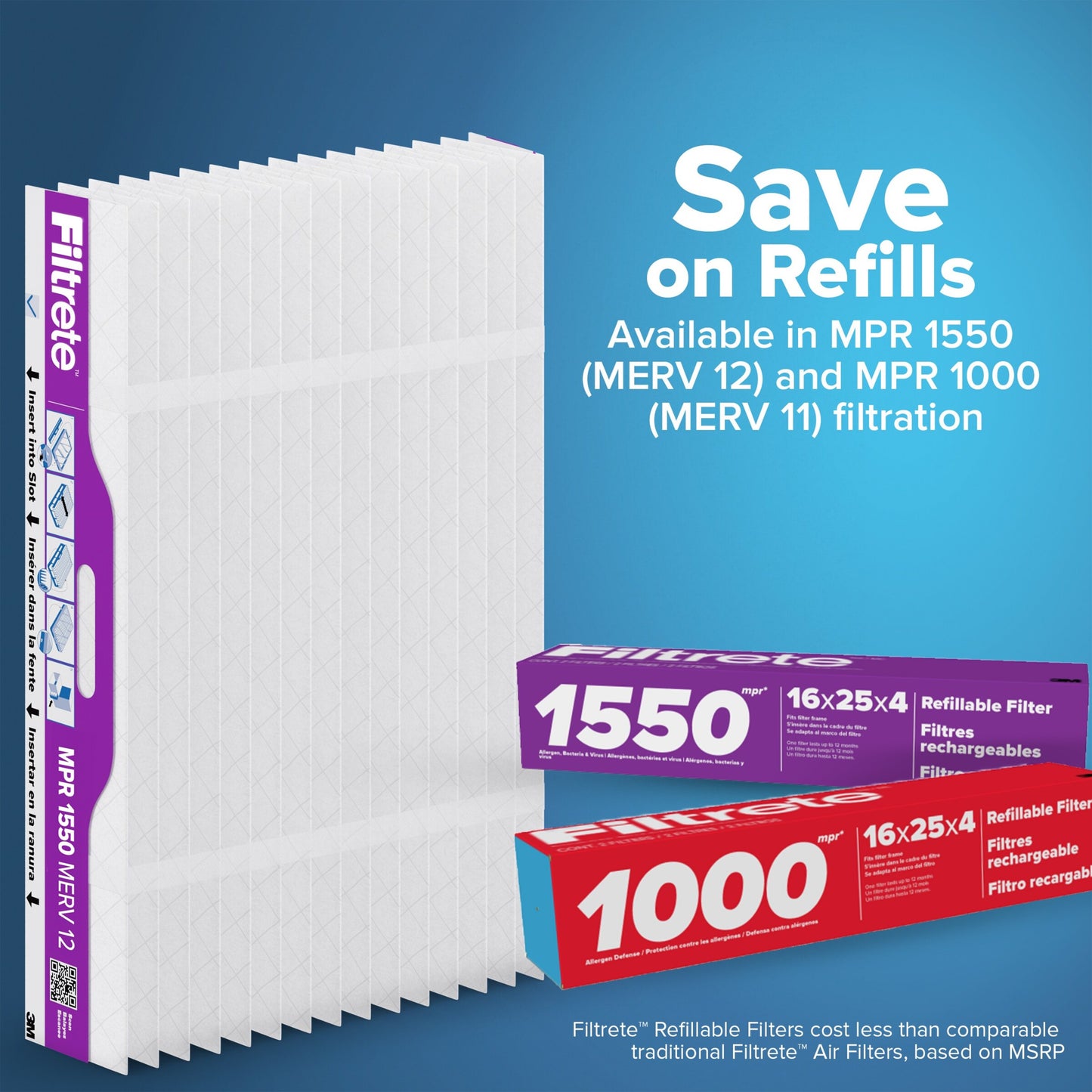 Filtrete™ Refillable Filter Kit 1550 MPR RS2001-4-2P-EC, 16 in x 25 in x 4 in (40.6 cm x 63.5 cm x 10.1 cm) 1 Frame & 2 Filters